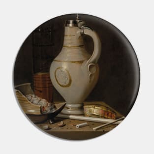 A Toebakje Still Life of Smoking Utensils, a Jug and a Tall Glass Partly Filled with Beer by Edwaert Collier Pin