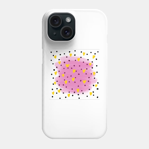 Abstract yellow hearts in blue watercolour brushes and black dots around Phone Case by bigmoments
