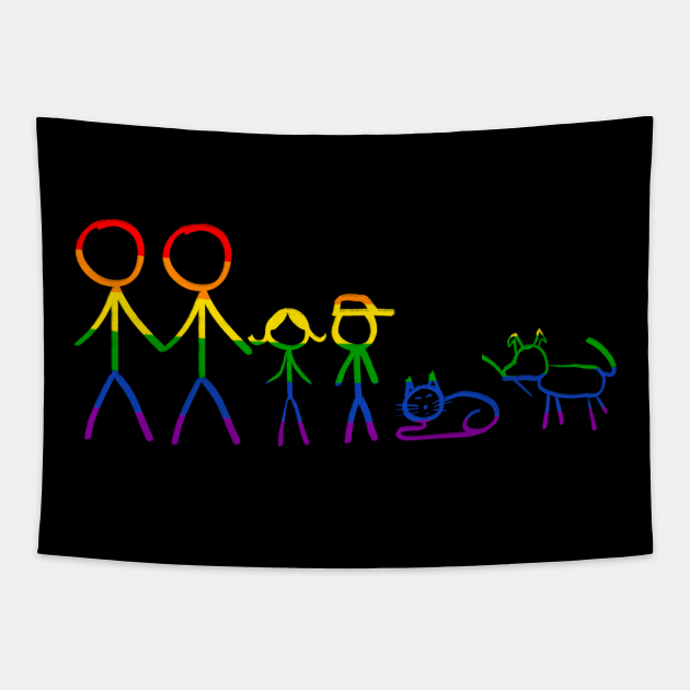 Gay men family stick figures, with kids, cat and dog pets Tapestry by WelshDesigns