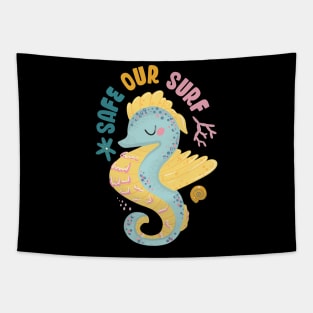 Safe our Surf quote with cute sea animal sea horse, starfish, coral and shell aesthetic pastel color illustration. Tapestry