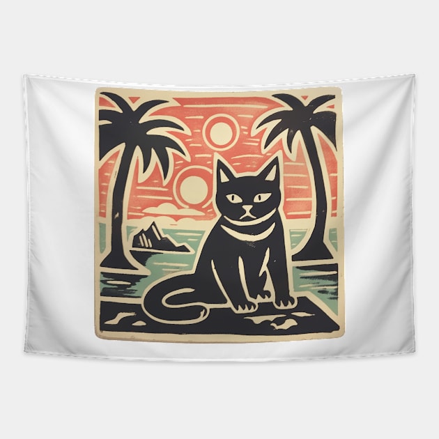 Black Cat Lino Cut Hawaiian Sunset Tapestry by Kona Cat Creationz