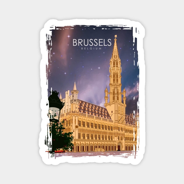 Brussels Belgium Vintage Minimal Retro Travel Poster at Night Magnet by jornvanhezik