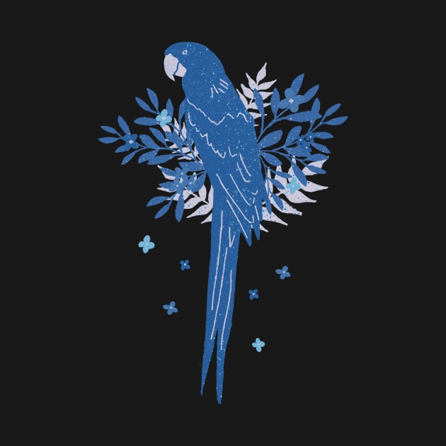 Blue Ara parrot with Tropical Leaves on Black by OneLook