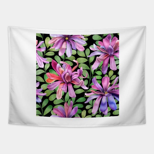 Tropical Magnolia Stellata flowers and leaves on black background. Fantasy watercolor botanical illustration. Exotic Star Magnolia flower blossom Tapestry by likapix