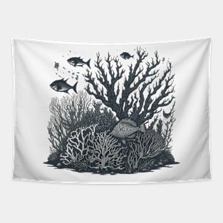 Underwater Wonders: Intricate Black and White Ocean-Themed T-Shirt Designs Tapestry