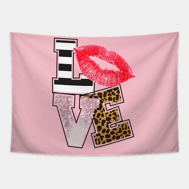 Love - Lips with Glittle and Leopard Print Tapestry by Rebel Merch