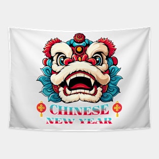 Playful Chinese New Year Lion: Kawaii Yellow Cartoon Fun! Tapestry