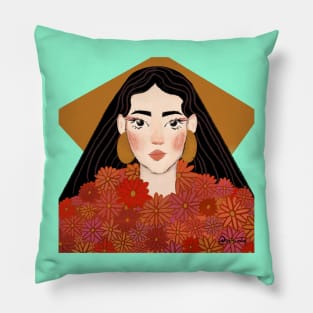 Ilustración de mujer con vestido florar por uchi Pillow