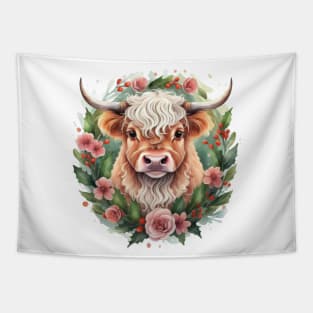 Head of baby cow surrounded by flowers Tapestry