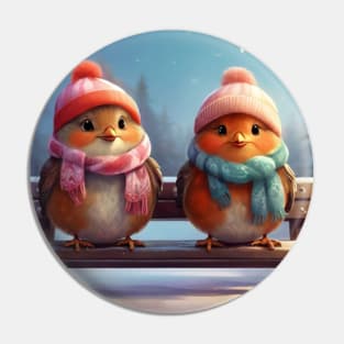 Winter Whimsy: Adorable Robins on Snowy Bench Pin