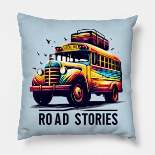 Artistic Silhouette Of A School Bus, Road Stories Pillow