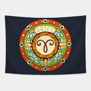 Aries Zodiac Sign Colorful Birth Horoscope Mandala Tapestry