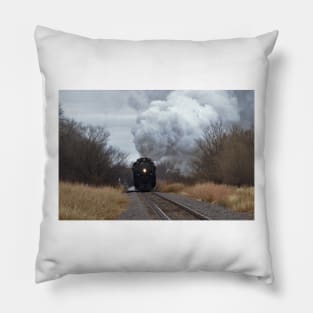 Big Boy 4014 with Steam,Smoke and Prairie grass and sky with tree's. Pillow