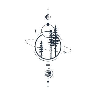 Forest, Airplane And Planets. Geometric, Line Art Style T-Shirt