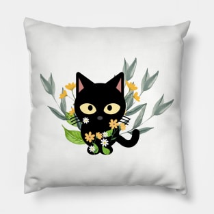 Black Cat With Flowers Pillow