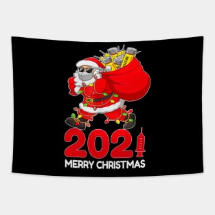 Santa Claus Vaccinated Merry Christmas 2021 Xmas Lights Tapestry