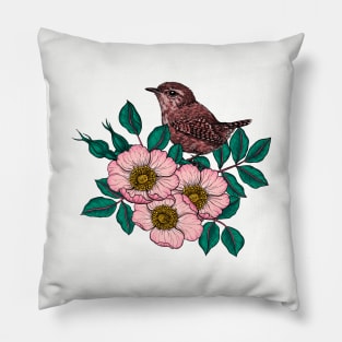 Wren on a dog rose Pillow