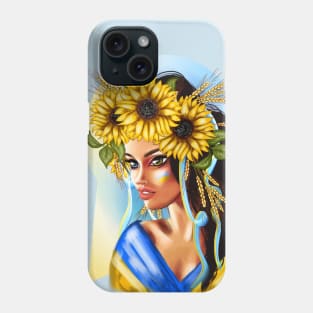 Ukrainian woman with national flag with wheat and flowers Phone Case