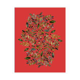 Seasonal branches and berries - green on red T-Shirt