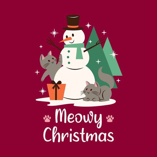 Meowy Christmas Cute Kitties Playing With A Snowman (Dark Red) by PorcupineTees