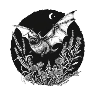 Flying Gothic Bat Witchy Moon & Plants T-Shirt