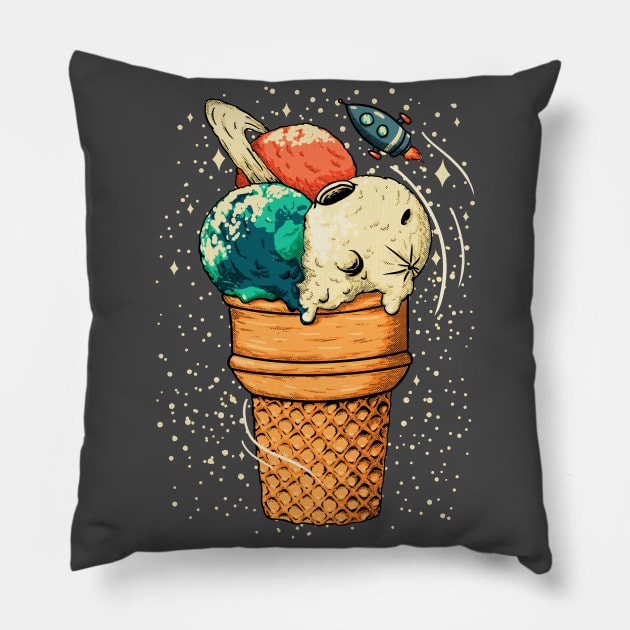 Space Ice Cream - Triple Scoop Cone Planet, Vanilla Moon, Pappermint Mint Chocolate Chip Earth, Melon, Cantaloupe, Muskmelon Saturn Pillow by anycolordesigns