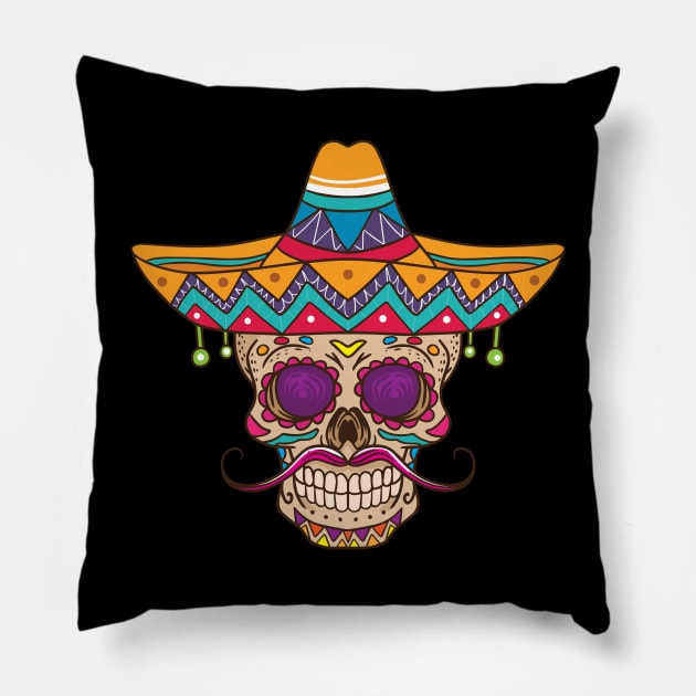 Title Mexican sugar skull with painting on the skull Pillow by Luxara