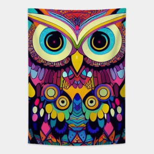 Colorful Owl Portrait Illustration - Bright Vibrant Colors Bohemian Style Feathers Psychedelic Bird Animal Rainbow Colored Art Tapestry