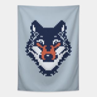 Fair isle knitting grey wolf // spot illustration // navy blue grey and orange wolf Tapestry