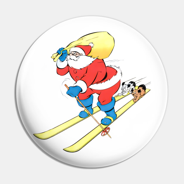 two funny dogs travel on Santa Claus's skis at full speed towards merry Christmas in the snow Retro Vintage Comic Cartoon Pin by REVISTANGO