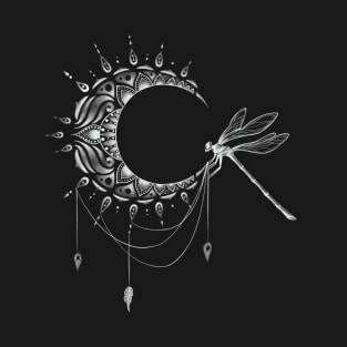 Intricate Half Crescent Moon with Dragonfly Tattoo Design T-Shirt