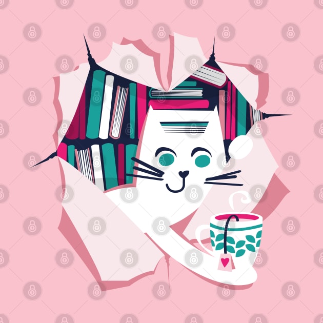 Bookish cat // white cat with tea mug teal white fuchsia and pastel pink books by SelmaCardoso