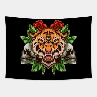 The Wild Tiger with Skull Tapestry