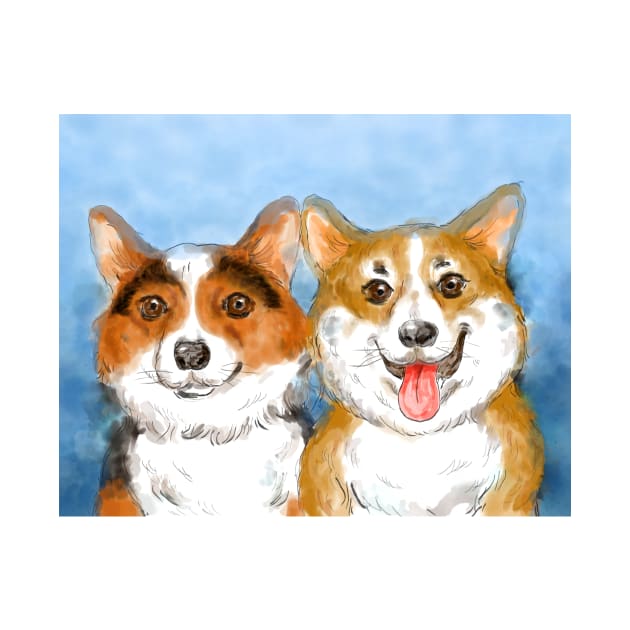 Watercolor dog pet portrait painting of Corgis by Nalidsa