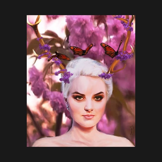 beautiful woman creature of the forest with antlers, flowers and butterflies by DamiansART