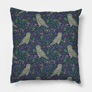 Purple and pink flowers with owls on dark background Pillow