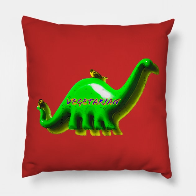 Fun green Retro Dino and birds with a shadow - vegetarian Pillow by aadventures