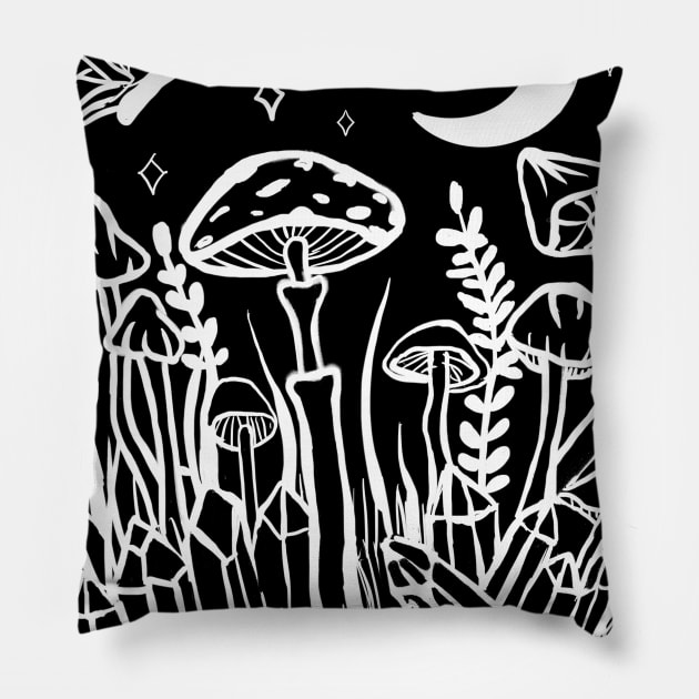 Wild Foliage Garden Witch Crystals, Mushrooms, Moth, Moon Pillow by LunaElizabeth