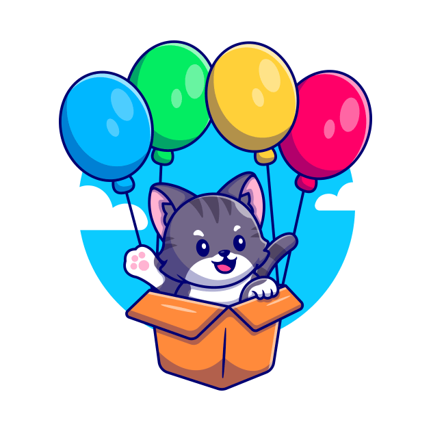 Cute Cat Flying With Cardboard Box And Balloon Cartoon by Catalyst Labs