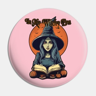 In My Witchy Era Tee Halloween Cute witch with moon behind and bats flying Pin