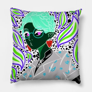 the demon witch girl in ecopop art with kawaii in fluorescent lights Pillow