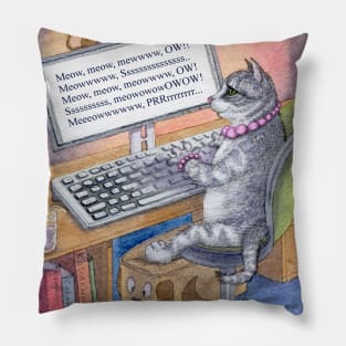 Kitty writing her novel on her computer Pillow