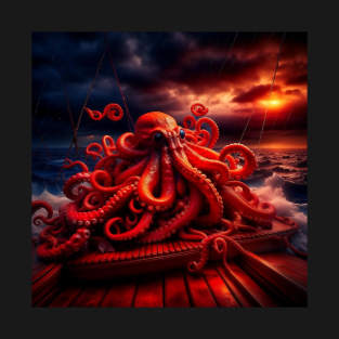 Octopus on a boat on a scary night T-Shirt