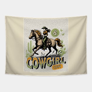 Cowgirl On (western girl riding horse) Tapestry