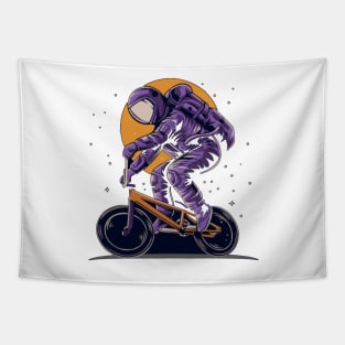 Astronaut riding bmx bike on space with moon background Tapestry