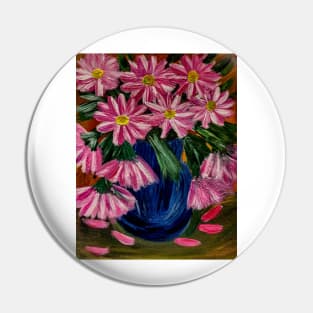 bright and colorful abstract flowers in a deep blue vase. Pin