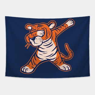 Dabbing Tiger // Orange and Navy Cartoon Tiger Tapestry