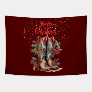 Merry Christmas, Christmas gifts and cowgirl boots, mistletoe branches, hawthorn and pine branches with pine cones Tapestry