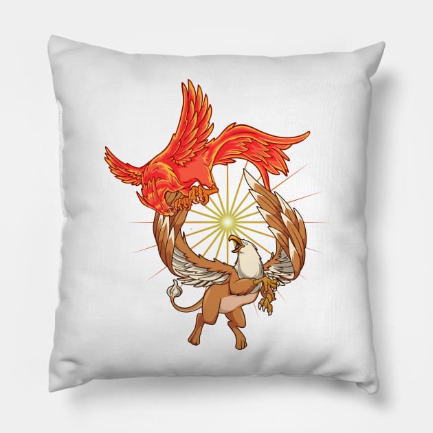 Animals of mythology - phoenix vs griffin Pillow by Modern Medieval Design