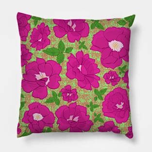 Retro Ramblin' Rose Pink and Green on Textured Green Repeat 5748 Pillow